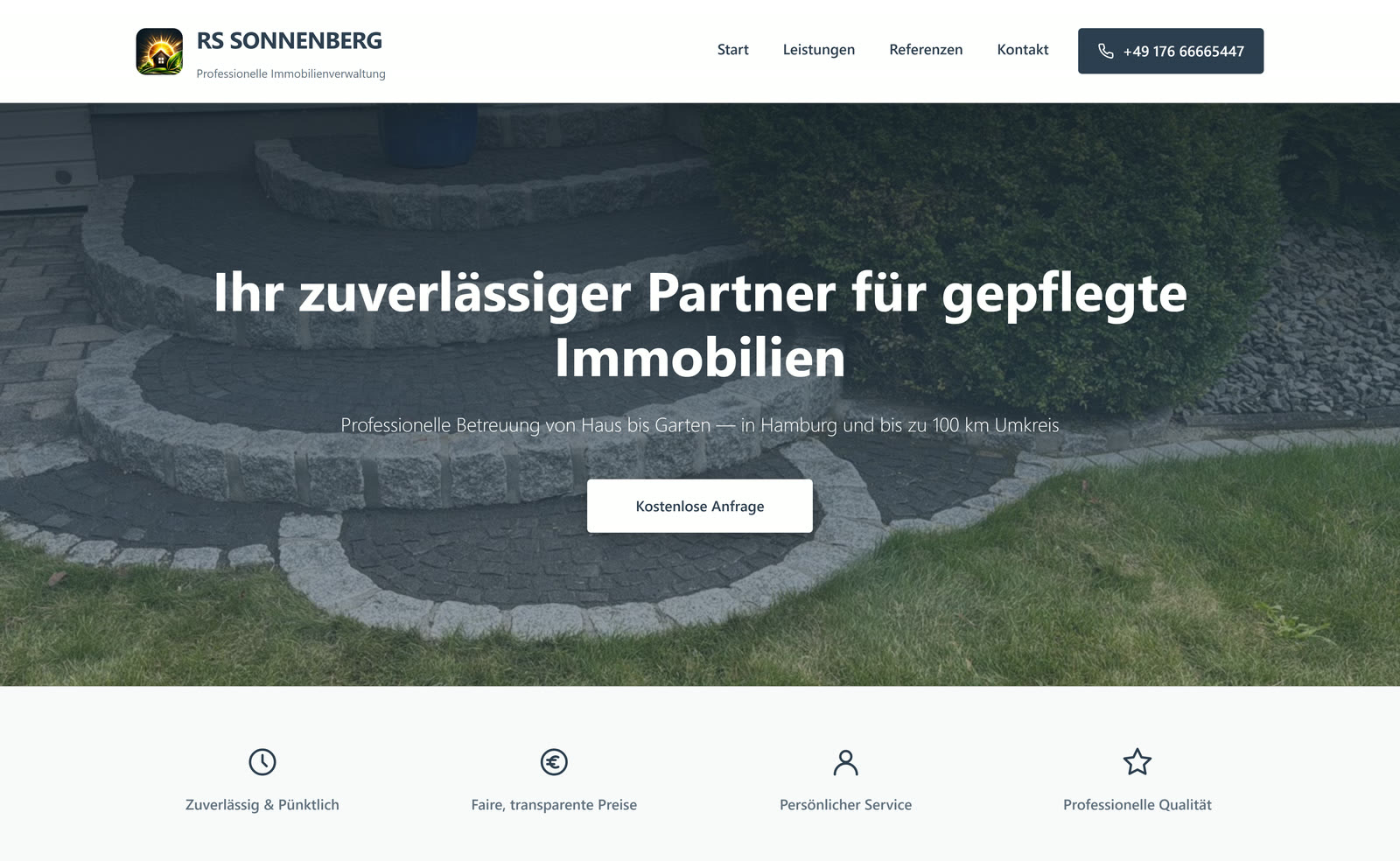 Startseite der Website für RS Sonnenberg, Immobilienverwaltung in Hamburg