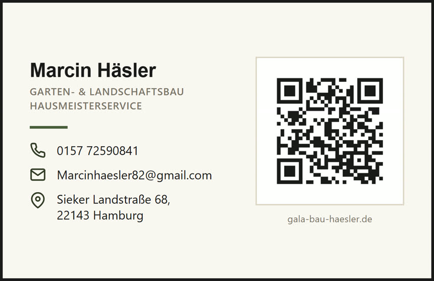 Visitenkarte Gala-Bau Häsler, Rückseite mit QR-Code